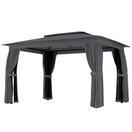10' x 12' Outdoor Patio Gazebo, Soft Top Gazebo Canopy Shelter with Curtains, Netting, Steel Frame, Hooks, Dark Gray (Option: Dark Gray-2045x385x210 mm)